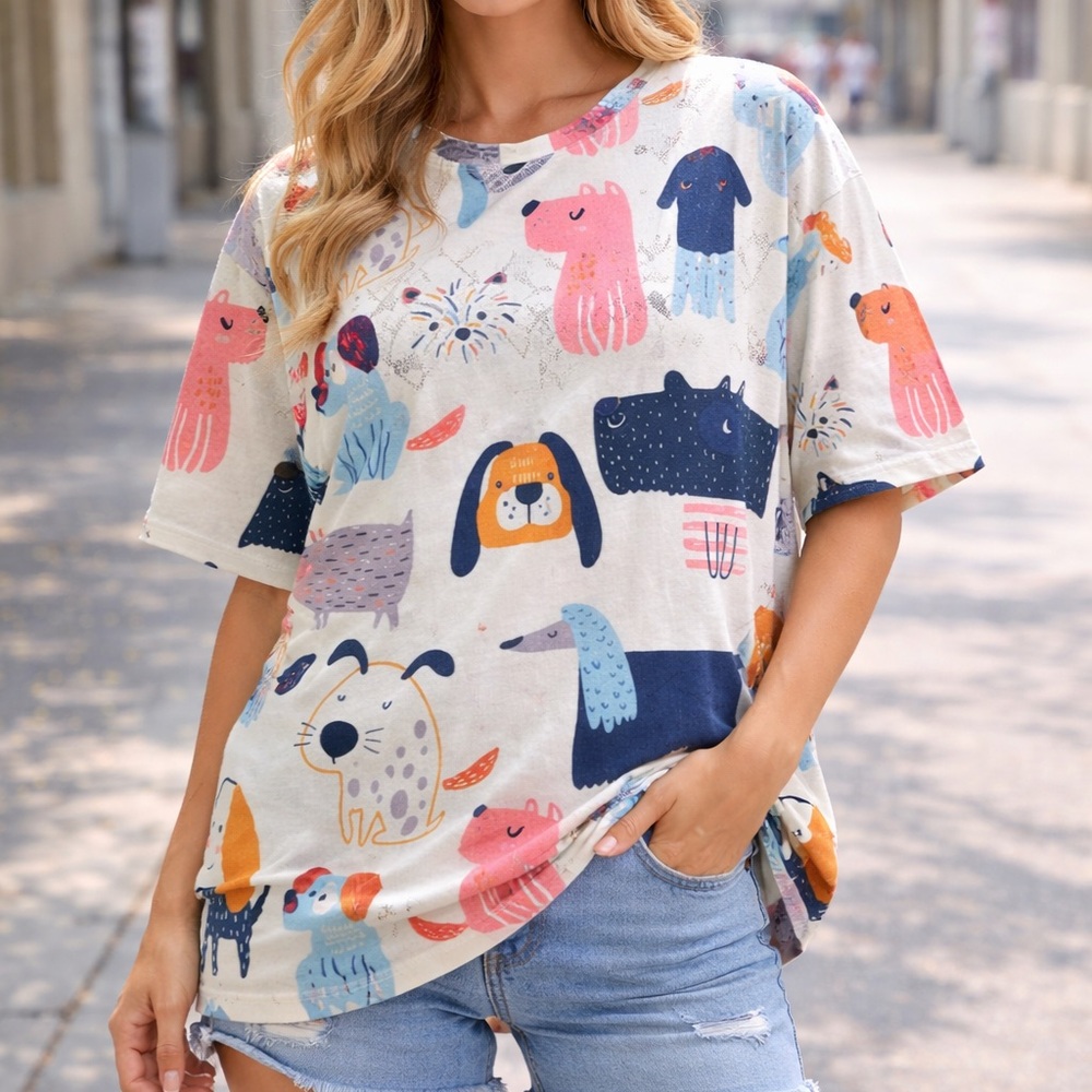 L54. Colorful Dog Print  knitted Top